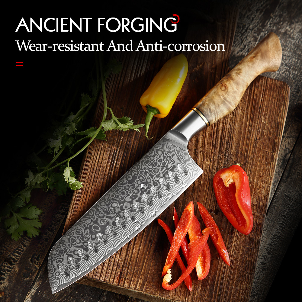 High Tech Kitchen Accessories - HEZHEN-Damasco Santoku Chef Faca, 7 