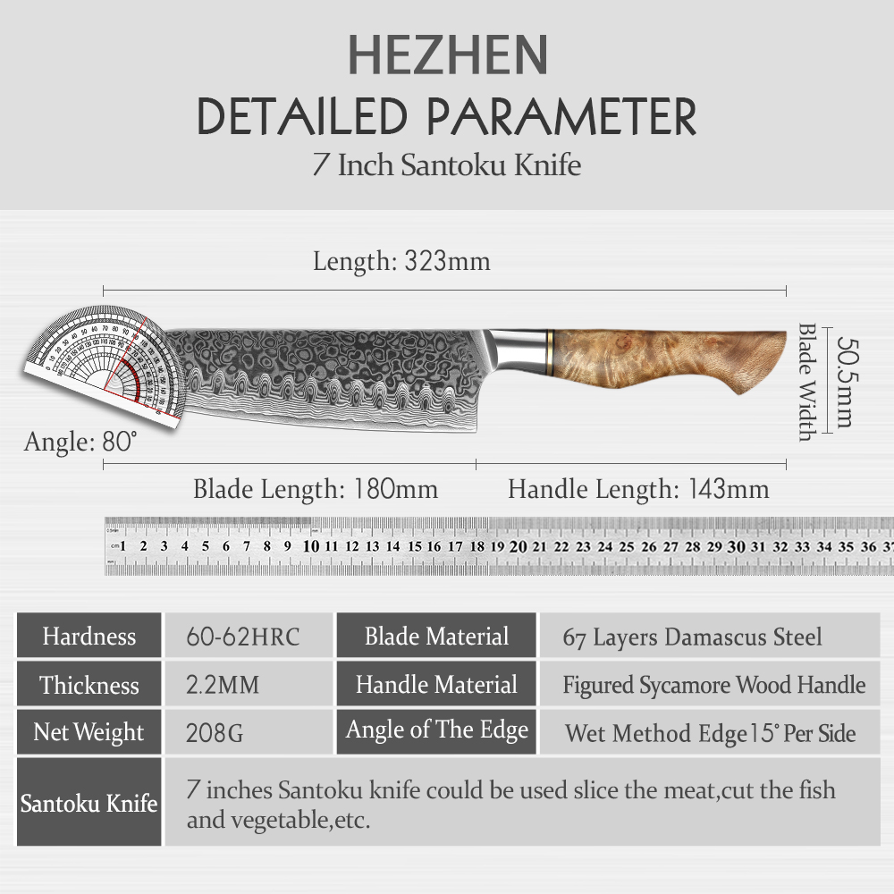 HEZHEN-Damasco Santoku Chef Fa - High Tech Kitchen Accessories avaliação e preço